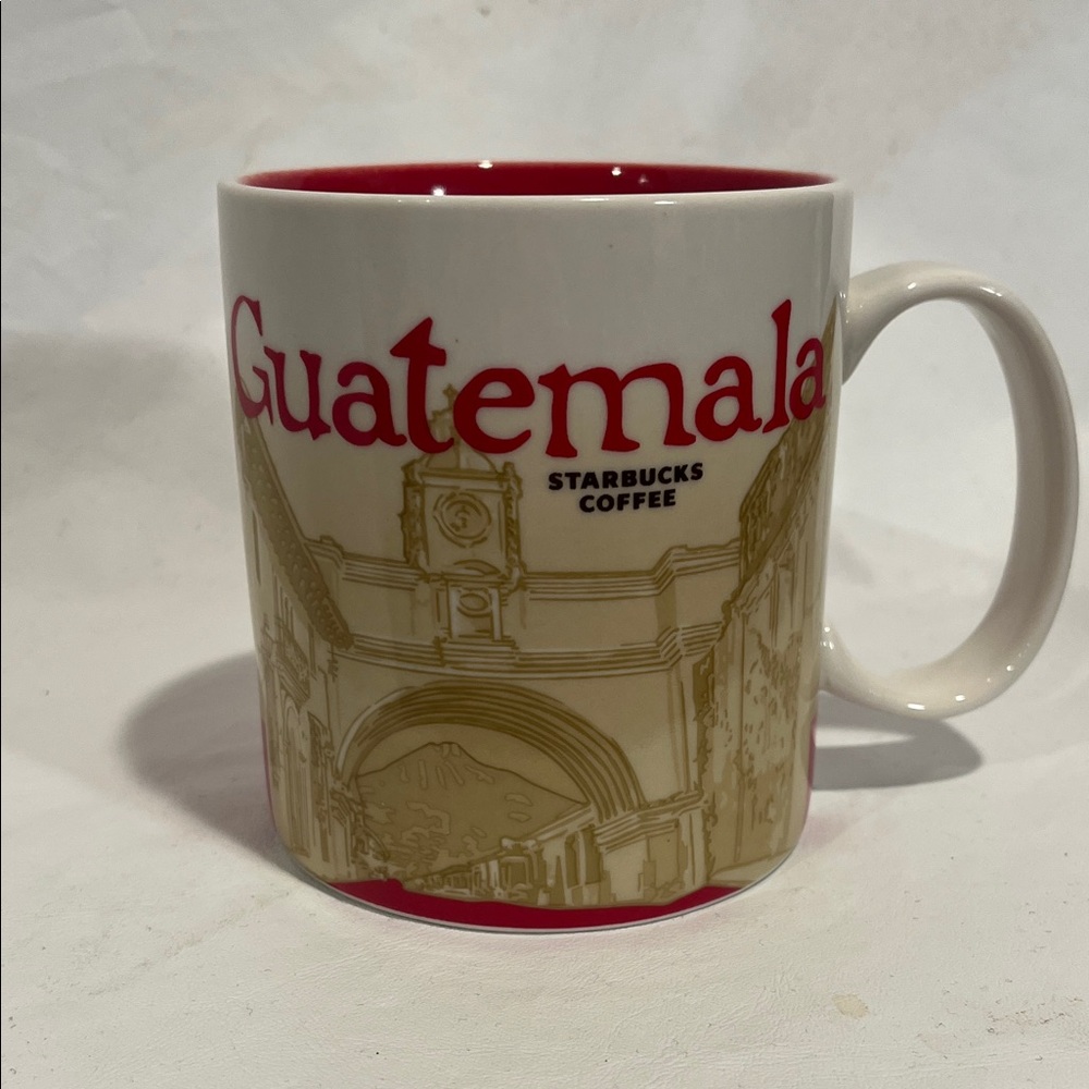 Starbucks Guatemala White Mug with Red Interior and Gold Artwork
